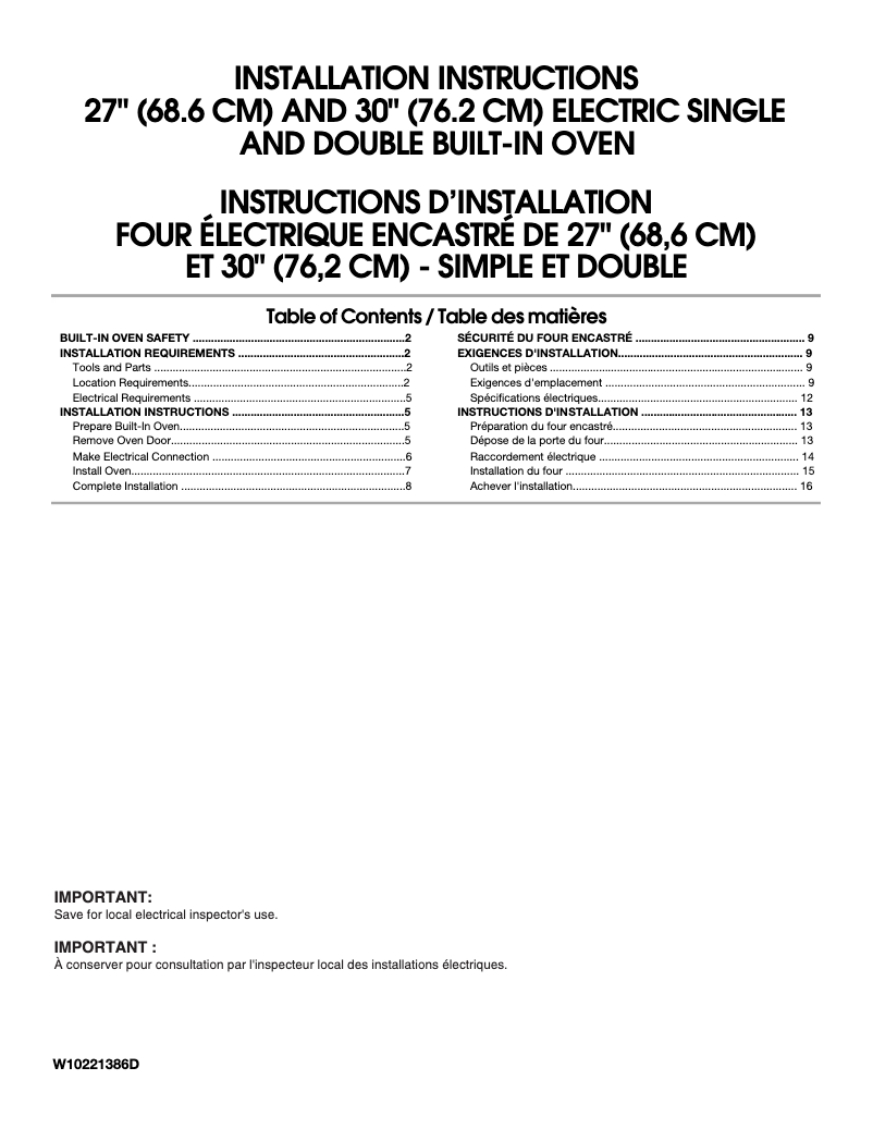 Page n°1 - Guide d'installation JennAir JJW2430WP