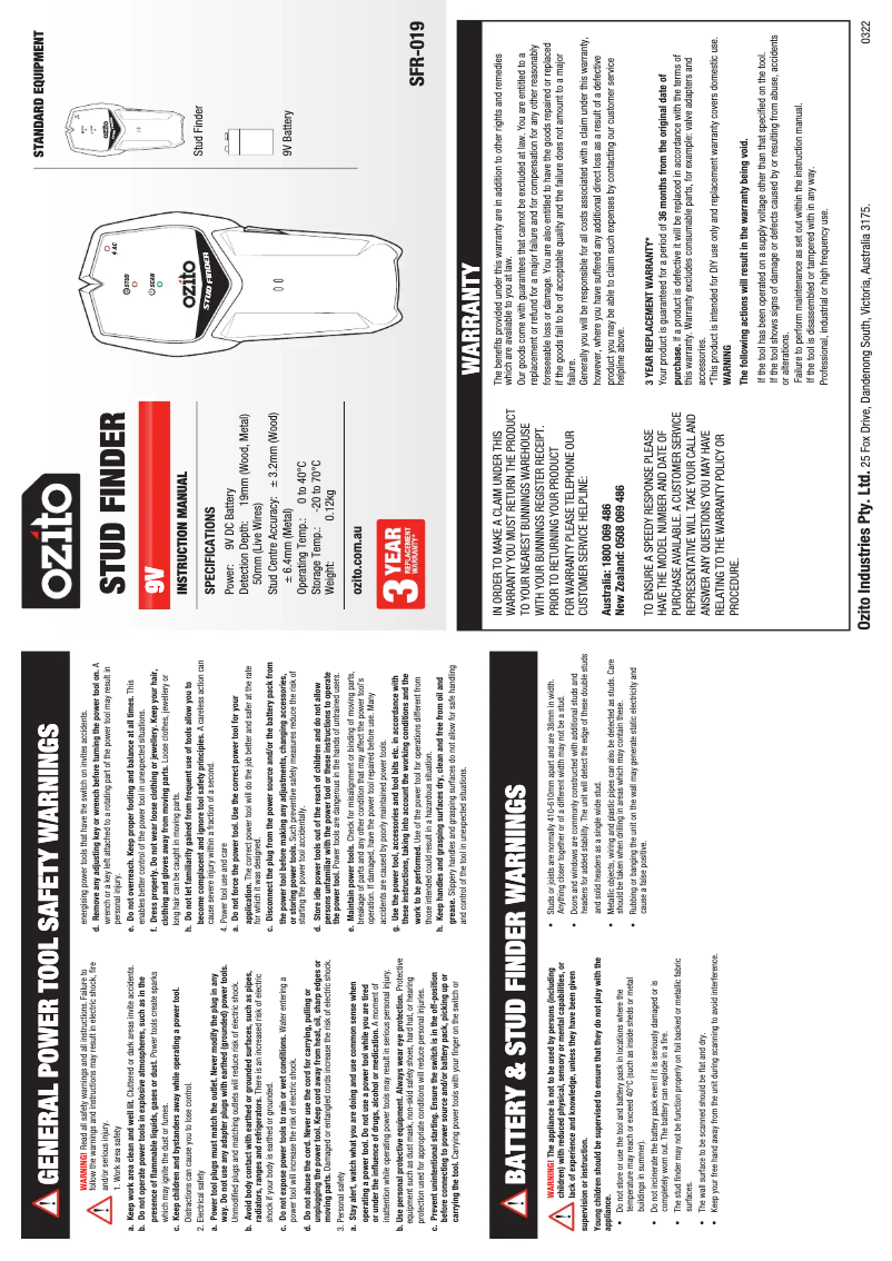 Page 1 de la notice Manuel utilisateur Ozito SFR-019