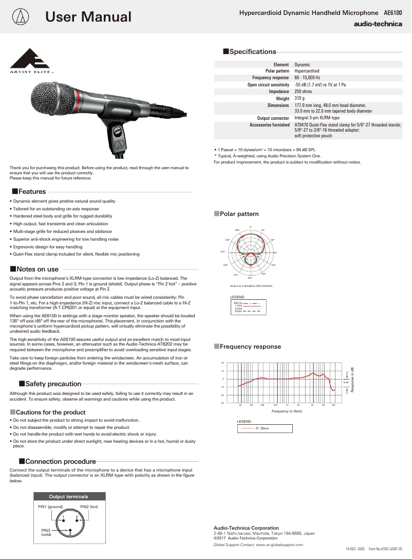 Page 1 de la notice Manuel utilisateur Audio-Technica AE6100
