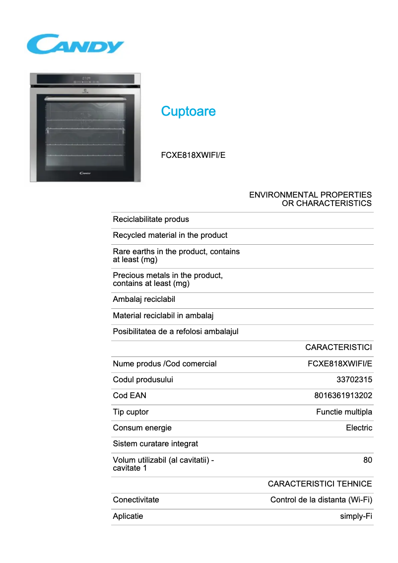 Page 1 de la notice Fiche technique Candy FCXE818XWIFI/E
