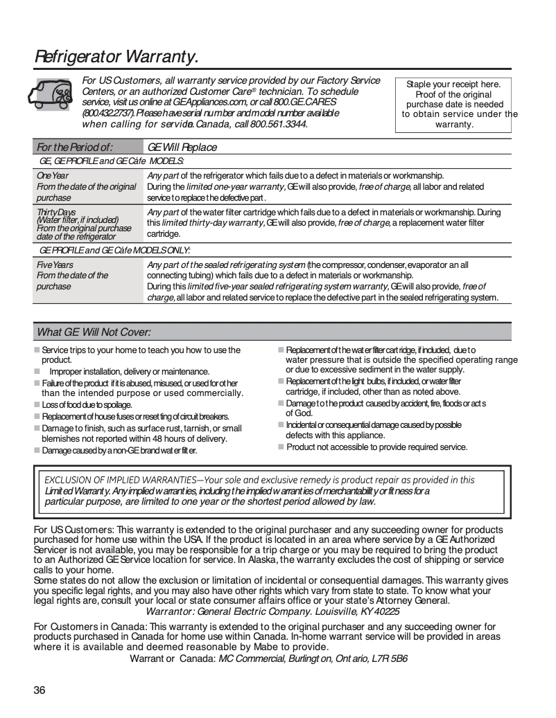 Page 1 de la notice Informations de garantie GE GZS22DMJES