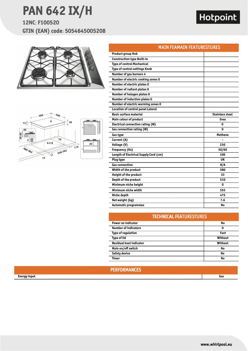 Page n°1 - Fiche technique Hotpoint PAN 642 IX/H