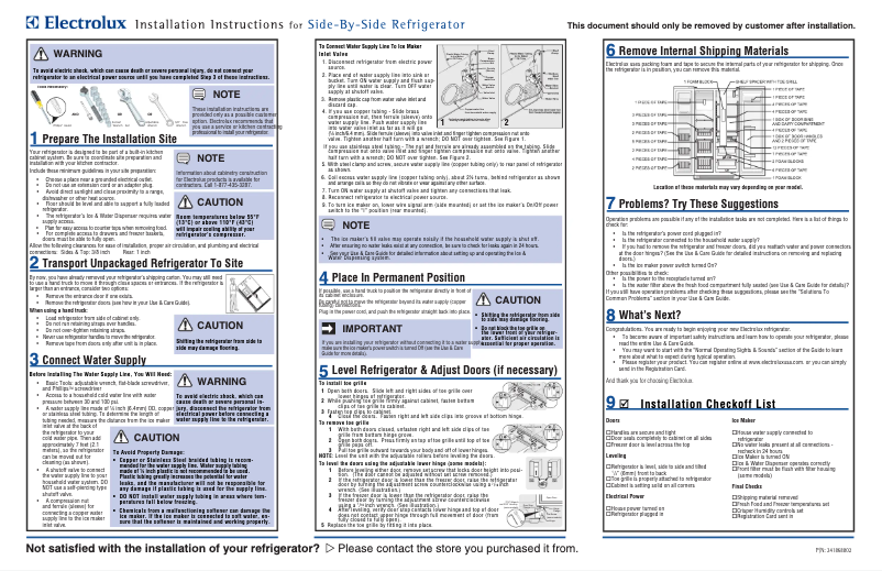 Page 1 de la notice Guide d'installation Electrolux EI26SS30JB