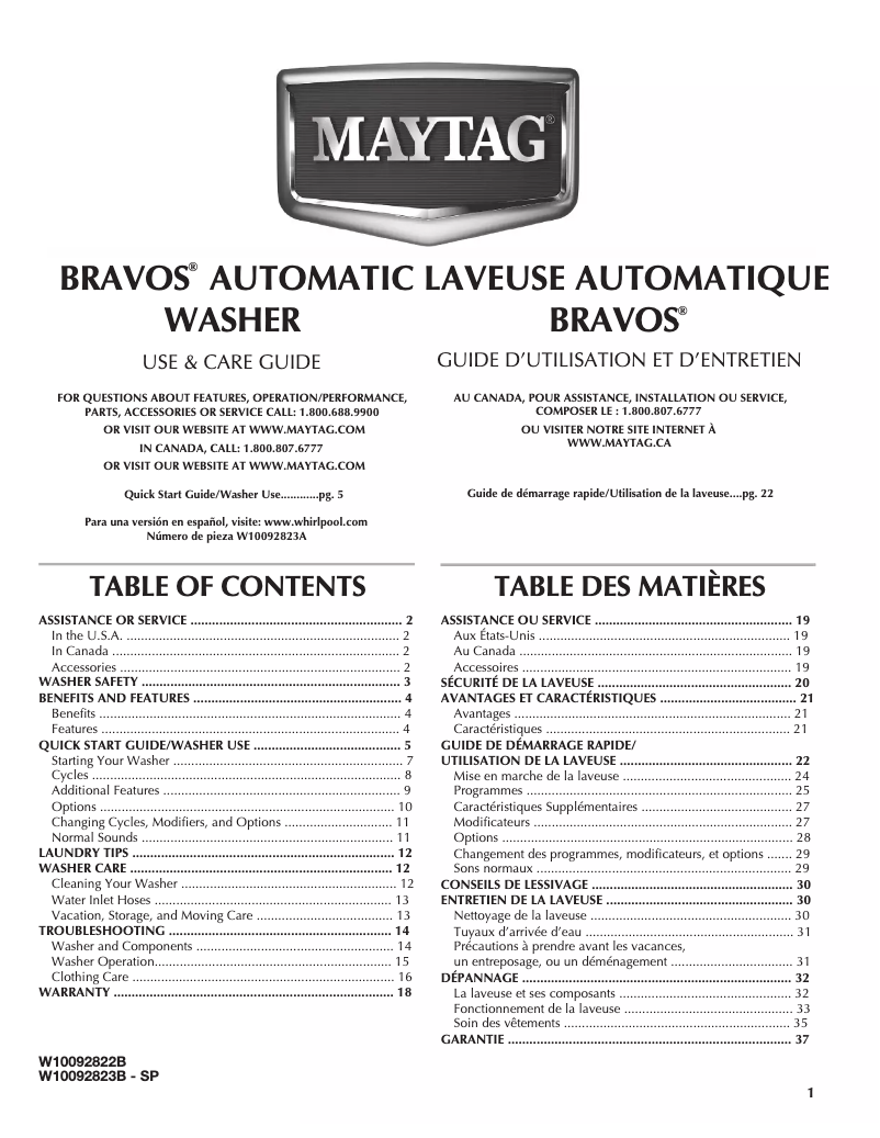 Page 1 de la notice Manuel utilisateur Maytag Bravos MVWB850WQ