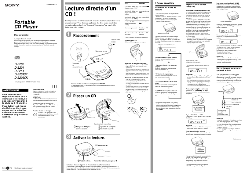 Page n°1 - Manuel utilisateur Sony Discman D-E251