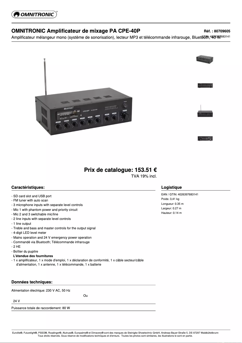 Page 1 de la notice Fiche technique Omnitronic CPE-40P