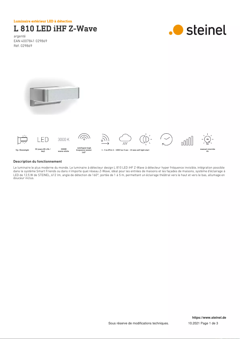 Page 1 de la notice Fiche technique Steinel L 810 LED iHF Z