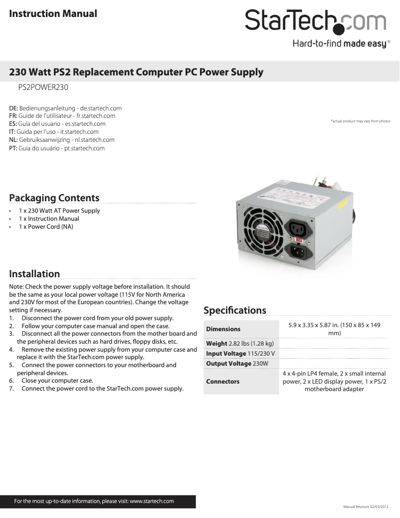 Image de la première page du manuel de l'appareil PS2POWER230