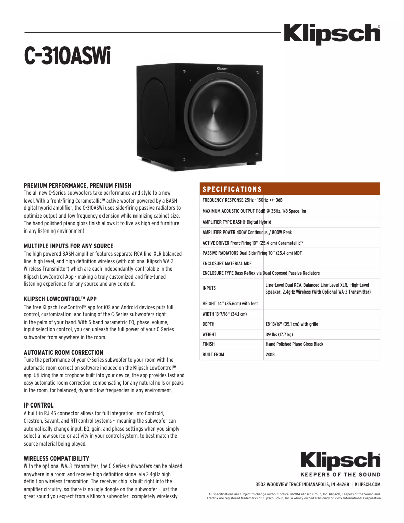 Page 1 de la notice Fiche technique Klipsch C Series C-310ASWi