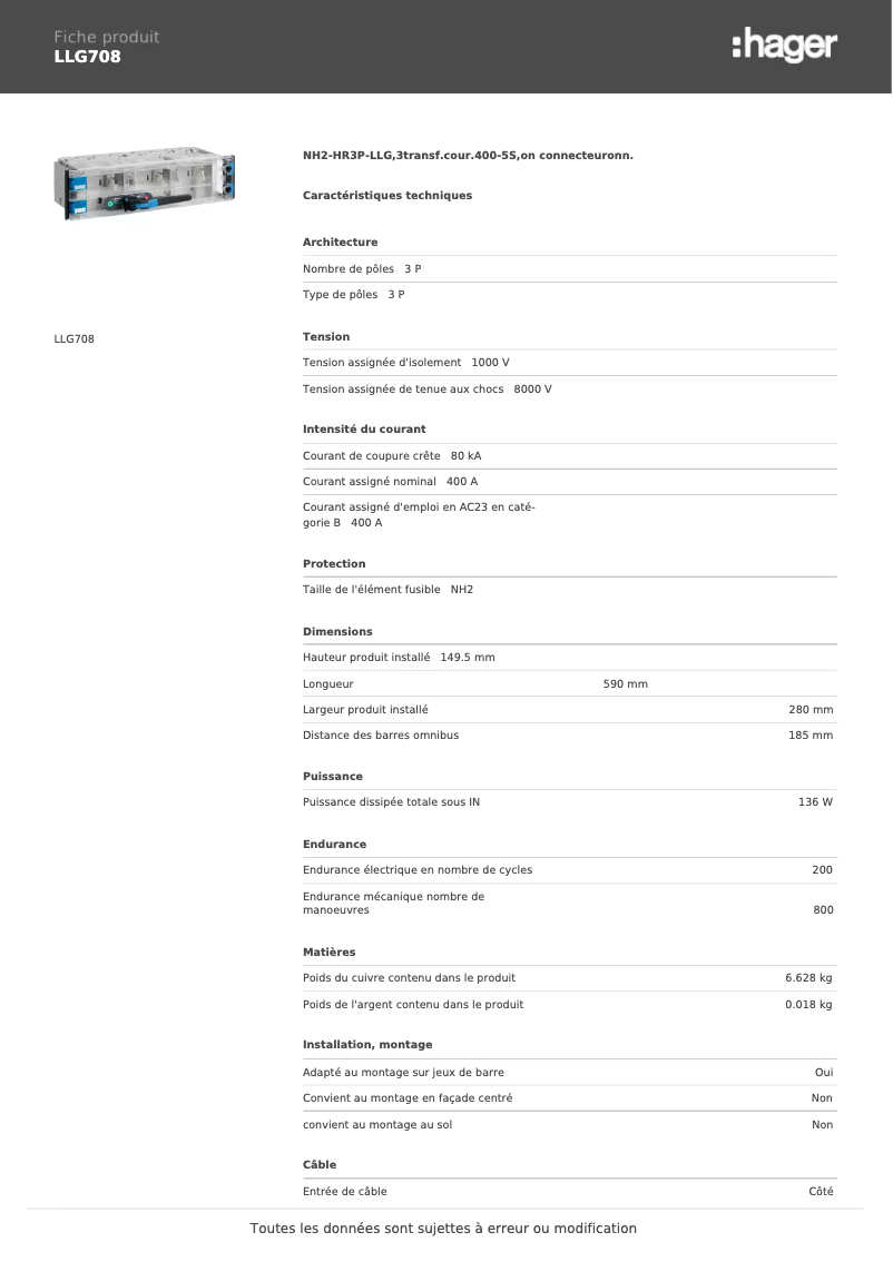 Page 1 de la notice Fiche technique Hager LLG708