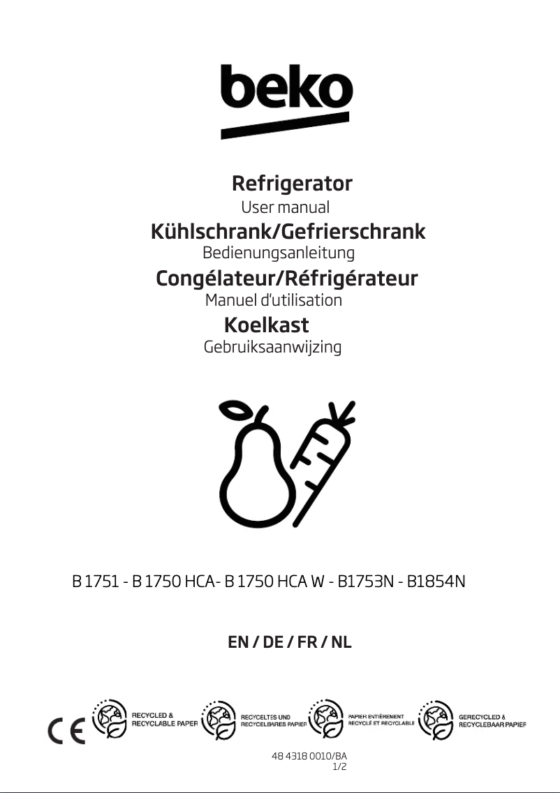 Page n°1 - Manuel utilisateur Beko B1854N