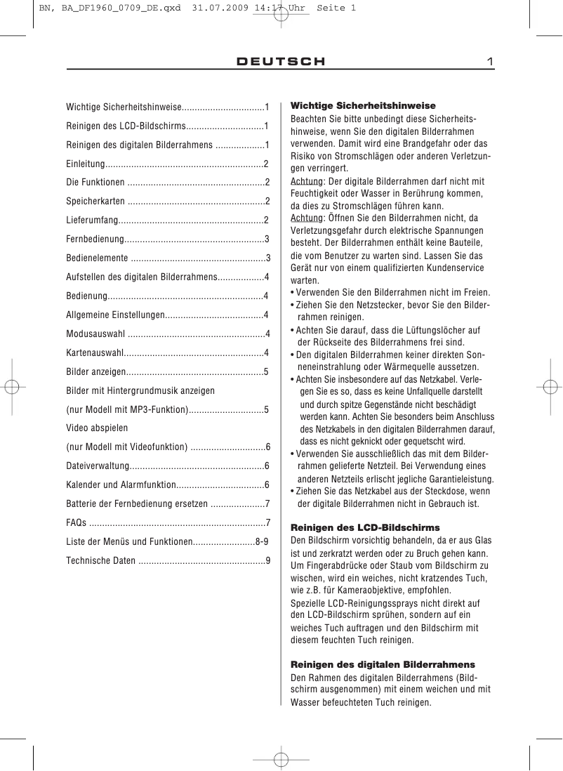 Page 1 de la notice Manuel utilisateur Braun DigiFrame 1960