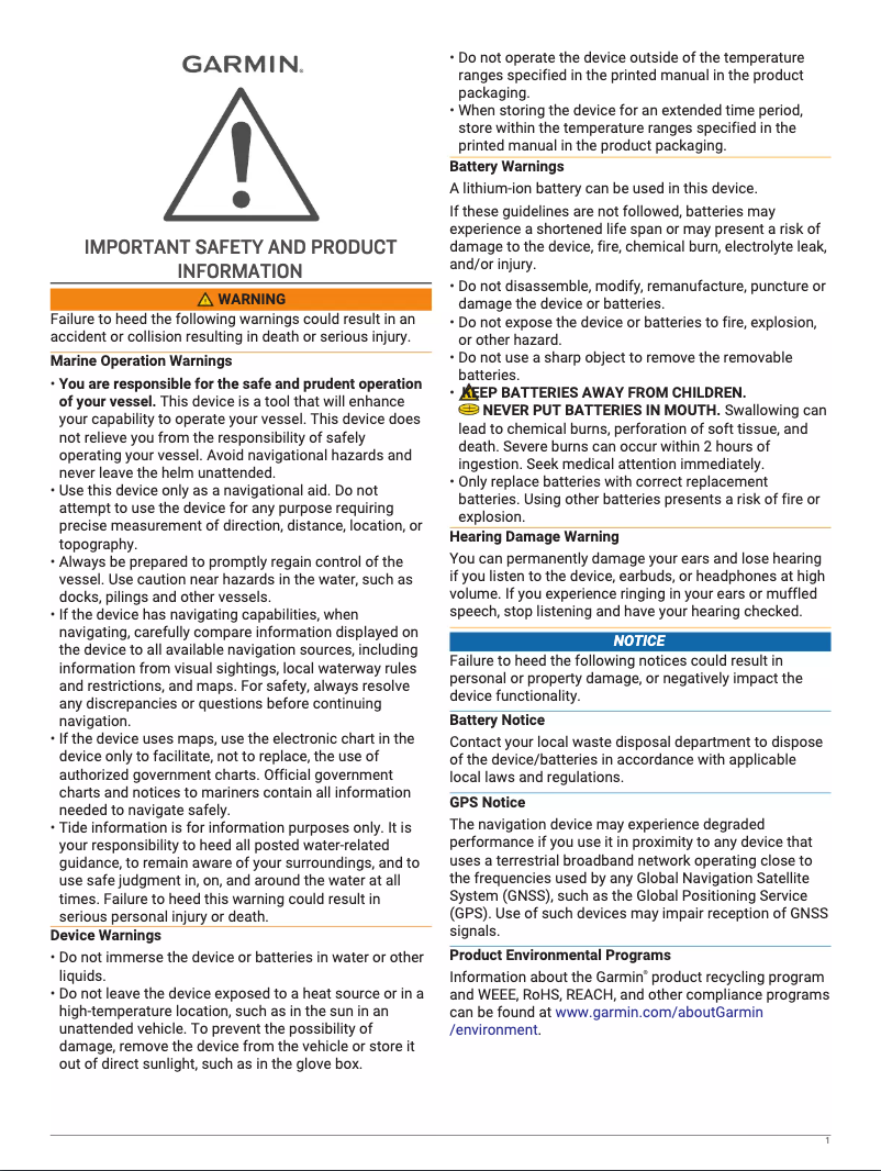 Page 1 de la notice Instructions de sécurité Garmin GPS 73
