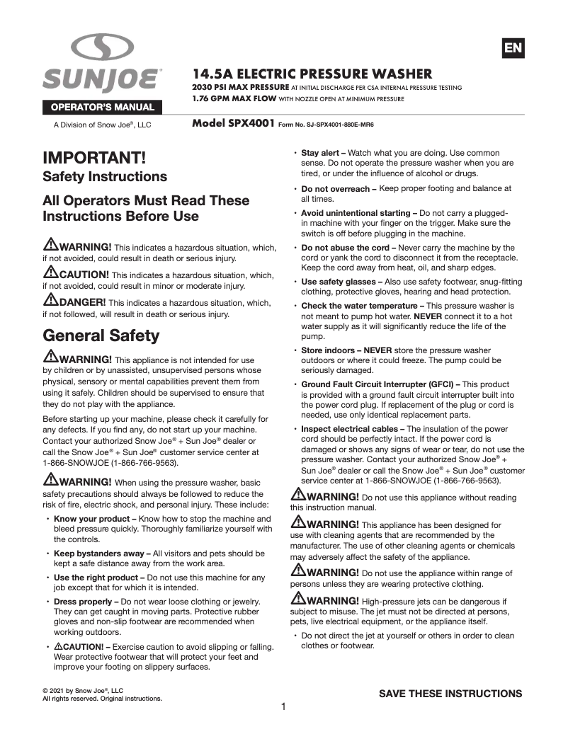 Page 1 de la notice Manuel utilisateur Sun Joe SPX4001