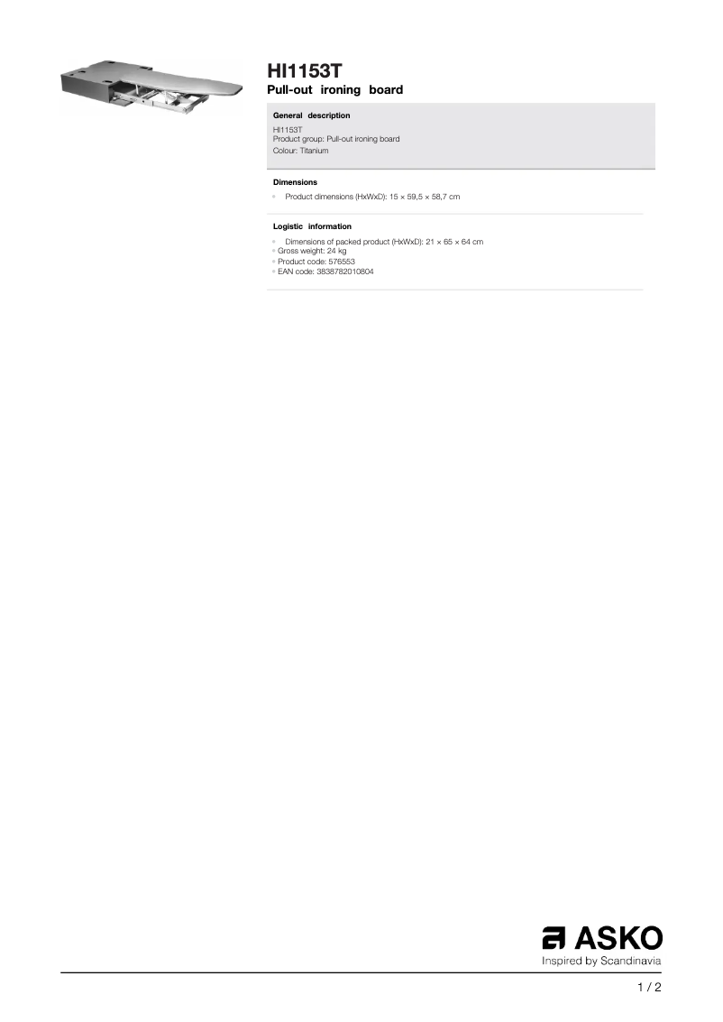 Page n°1 - Fiche technique Asko HI1153T