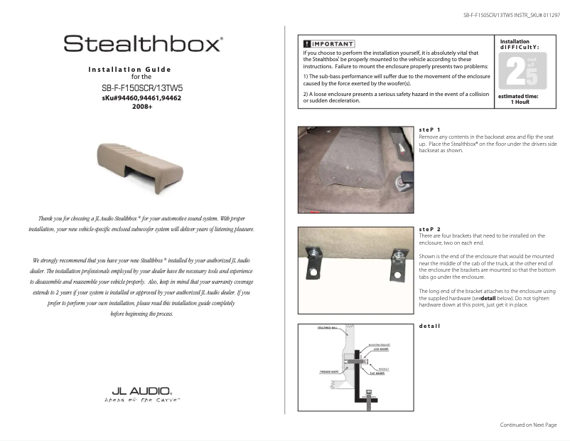 Page 1 de la notice Manuel utilisateur JL Audio Stealthbox SB-F-150-SPRCRW/13TW5v2/GA