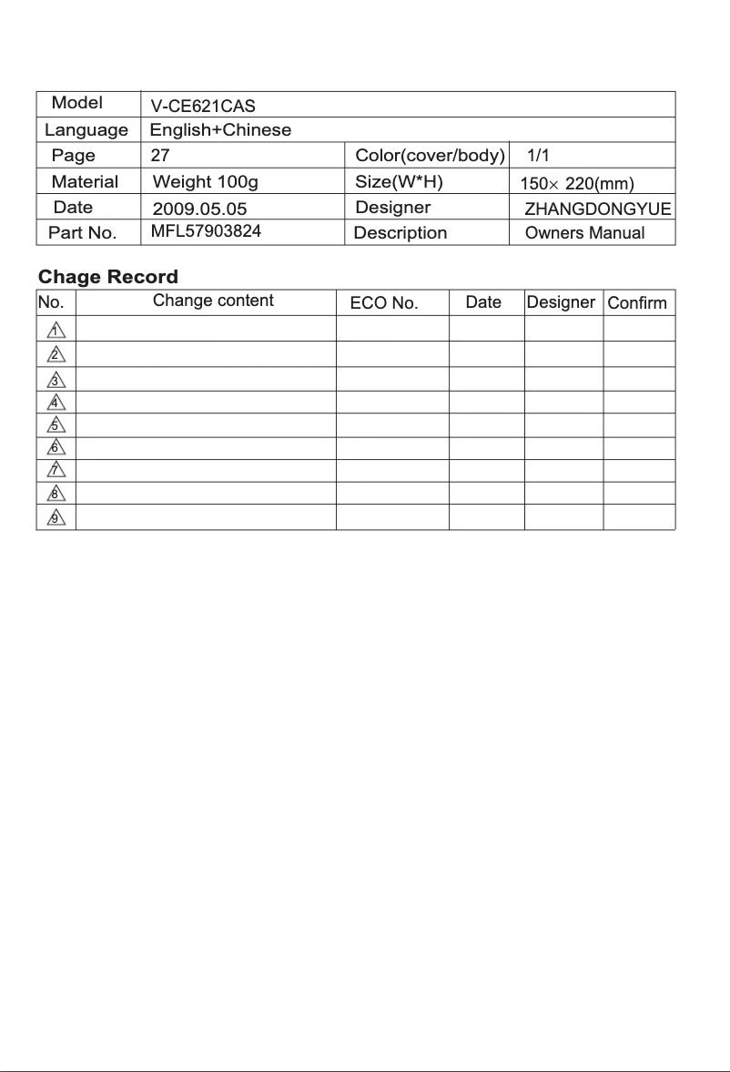 Page 1 de la notice Manuel utilisateur LG V-CE621CAS
