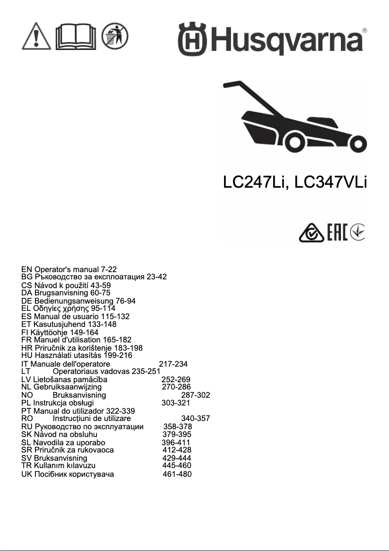 Page n°1 - Manuel utilisateur Husqvarna LC 247Li