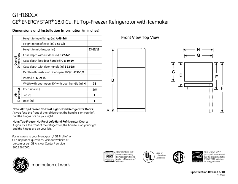 Page n°1 - Fiche technique GE GTH18DCXLWW