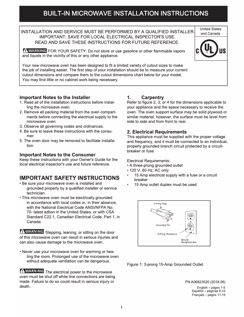 Page 1 de la notice Guide d'installation Frigidaire FGMO3067UF