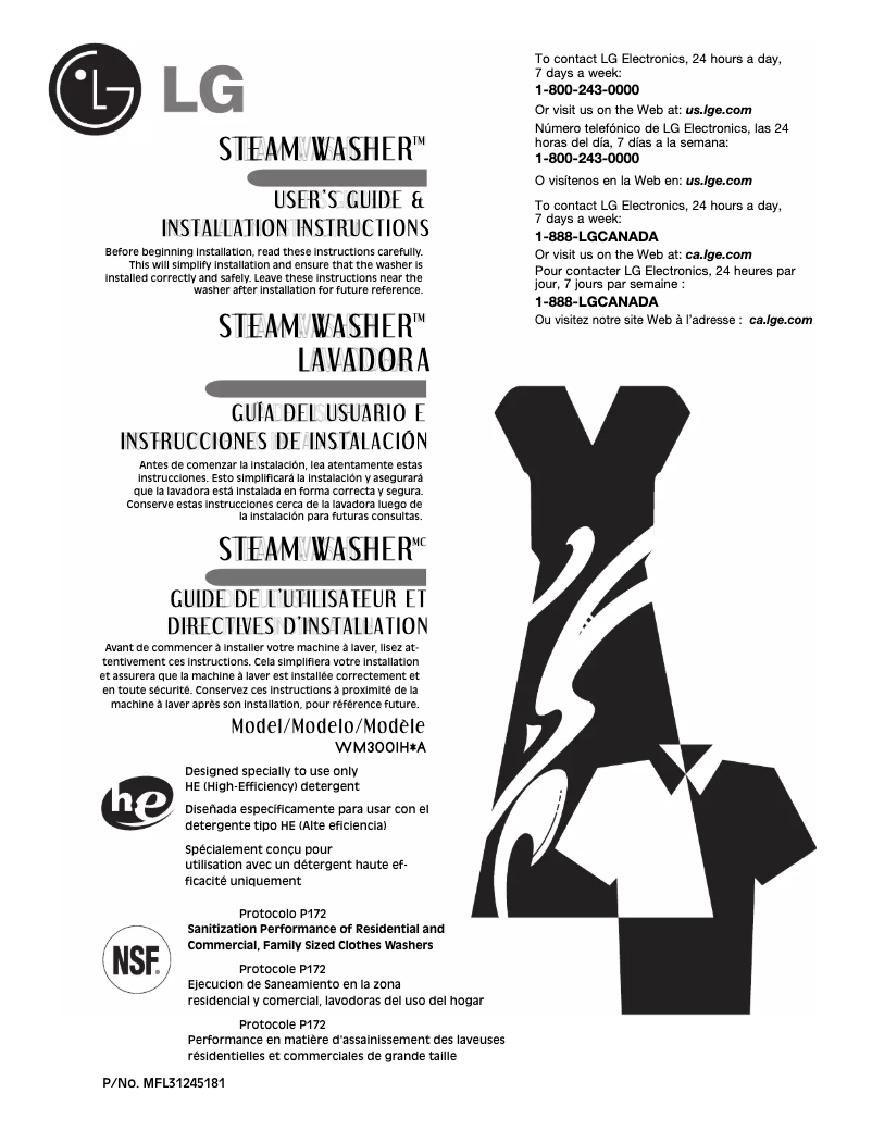 Page 1 de la notice Manuel utilisateur LG WM3001HWA