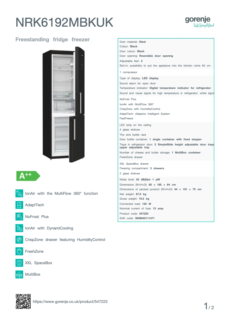 Page n°1 - Fiche technique Gorenje NRK6192MBKUK