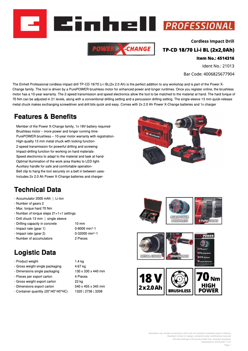 Page 1 de la notice Fiche technique Einhell TP-CD 18/70 Li-i BL