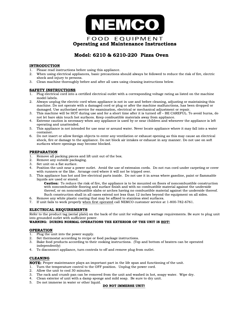 Page 1 de la notice Manuel utilisateur Nemco 6210