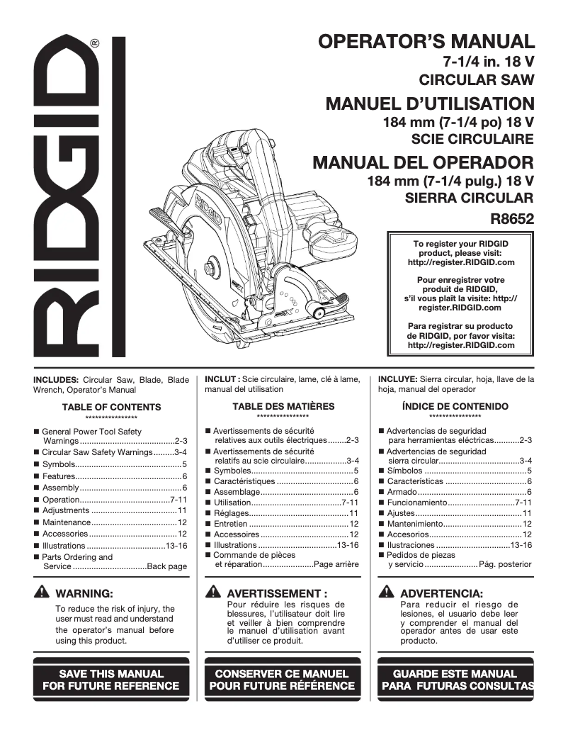 Page n°1 - Manuel utilisateur Ridgid R8652