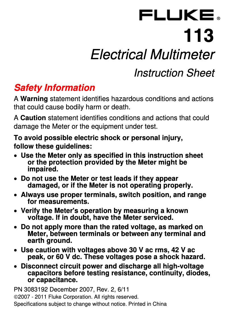 Page 1 de la notice Instructions / montage Fluke 113