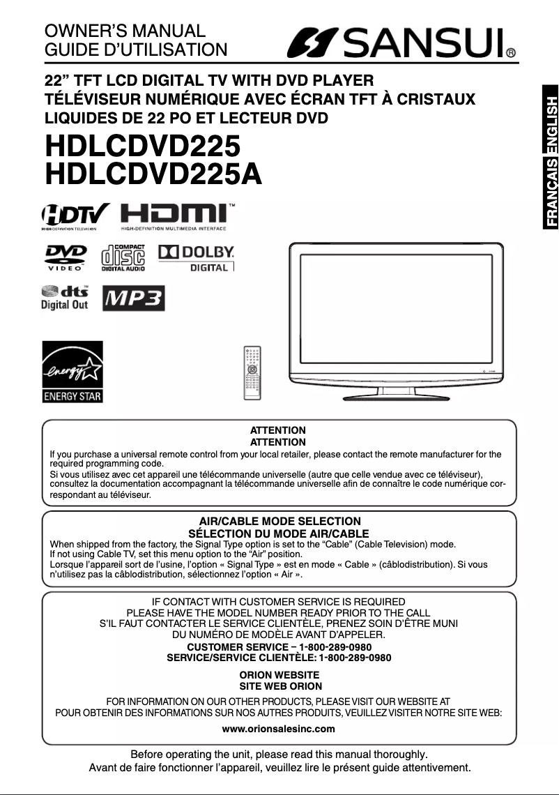 Page n°1 - Manuel utilisateur Sansui HDLCDVD225