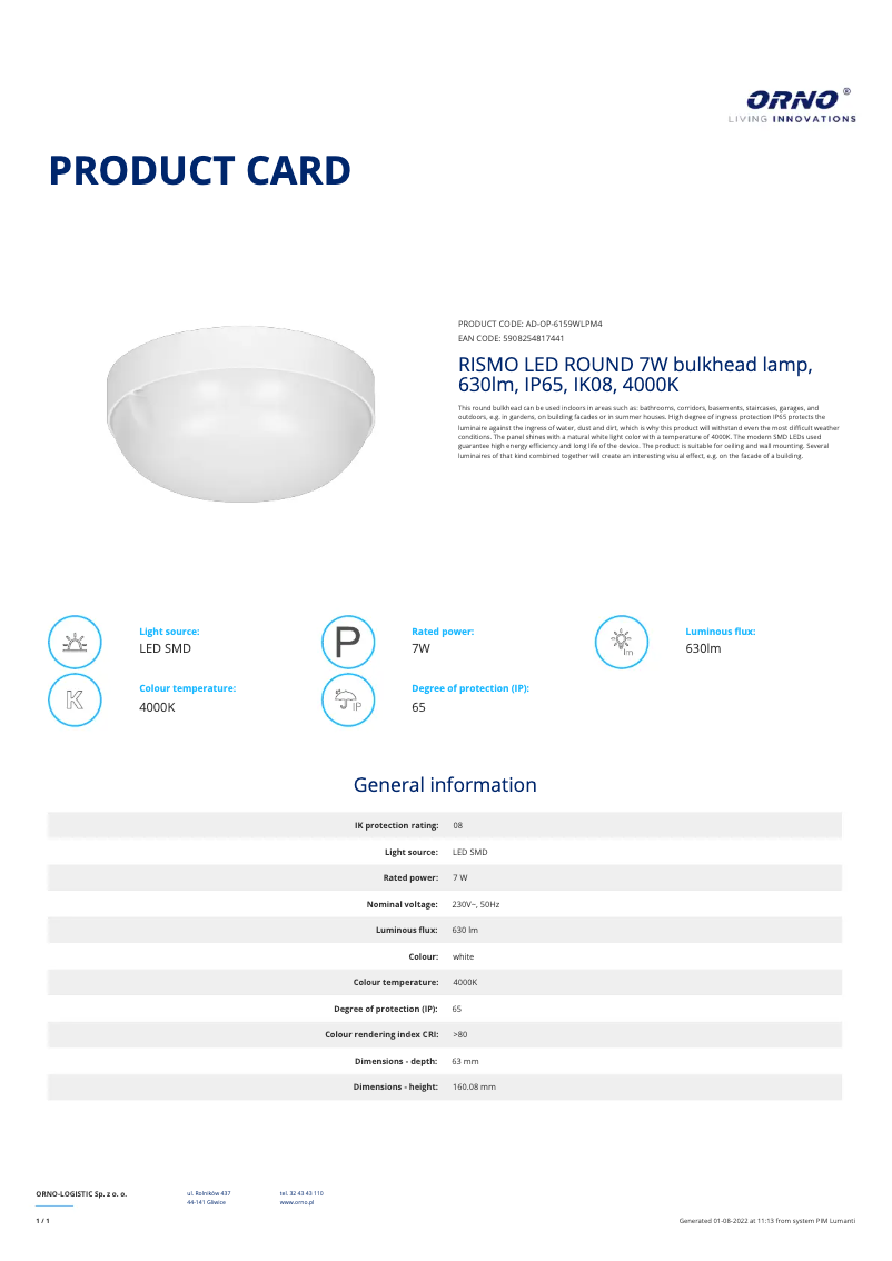 Page n°1 - Fiche technique Adviti AD-OP-6159WLPM4
