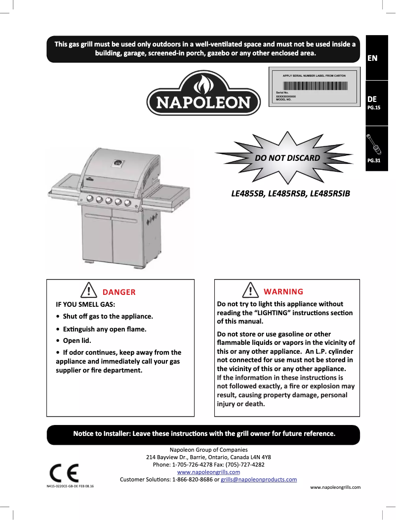 Page n°1 - Manuel utilisateur Napoleon LE485SB
