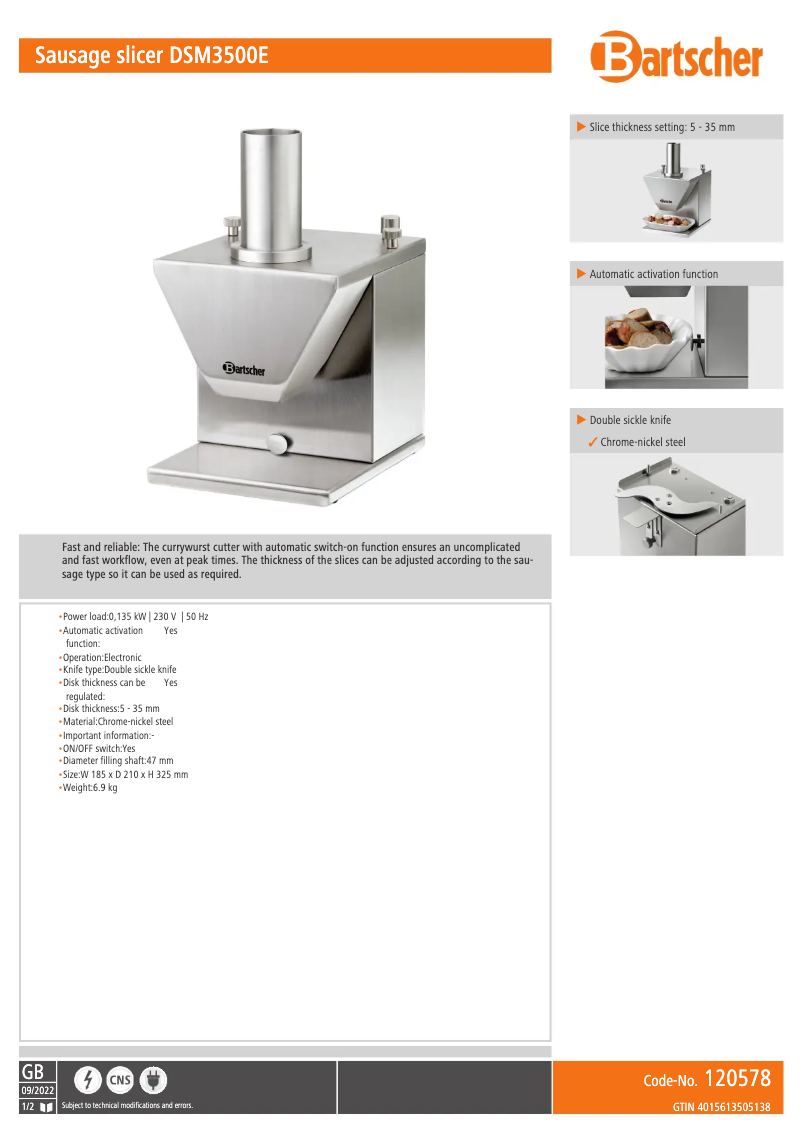 Page n°1 - Fiche technique Bartscher DSM3500E