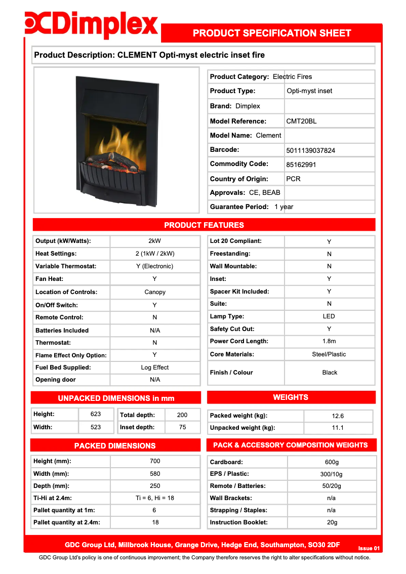 Page 1 de la notice Fiche technique Dimplex CMT20BL