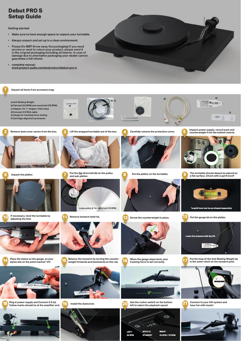 Page 1 de la notice Guide d'installation Pro-Ject Debut PRO S
