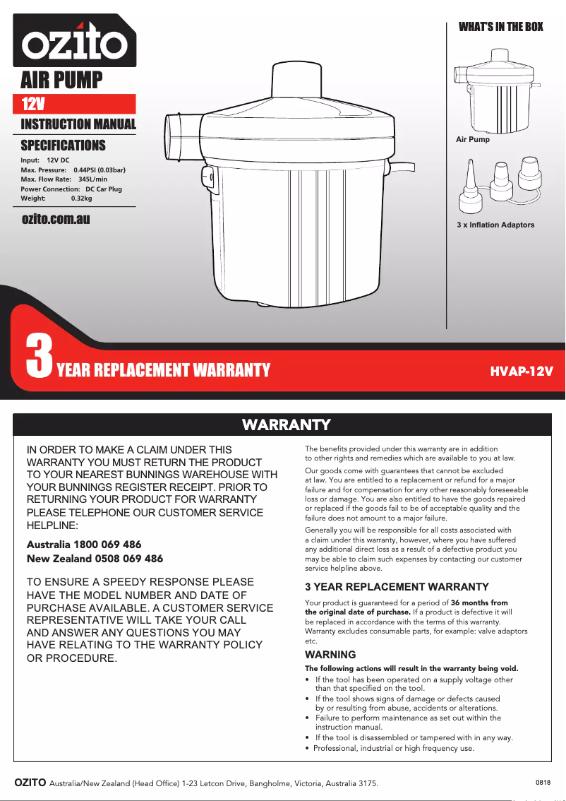 Image de la première page du manuel de l'appareil HVAP-12V