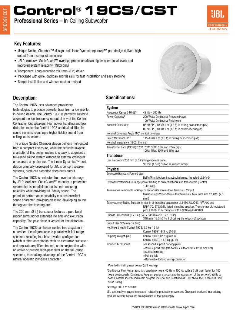 Page 1 de la notice Fiche technique JBL Control 19CST