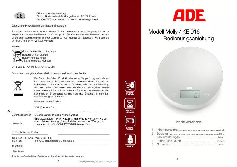 Page 1 de la notice Manuel utilisateur ADE Molly KE 916