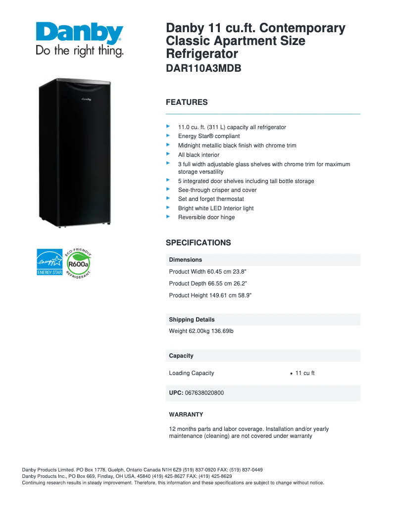 Page n°1 - Fiche technique Danby Contemporary Classic DAR110A3MDB