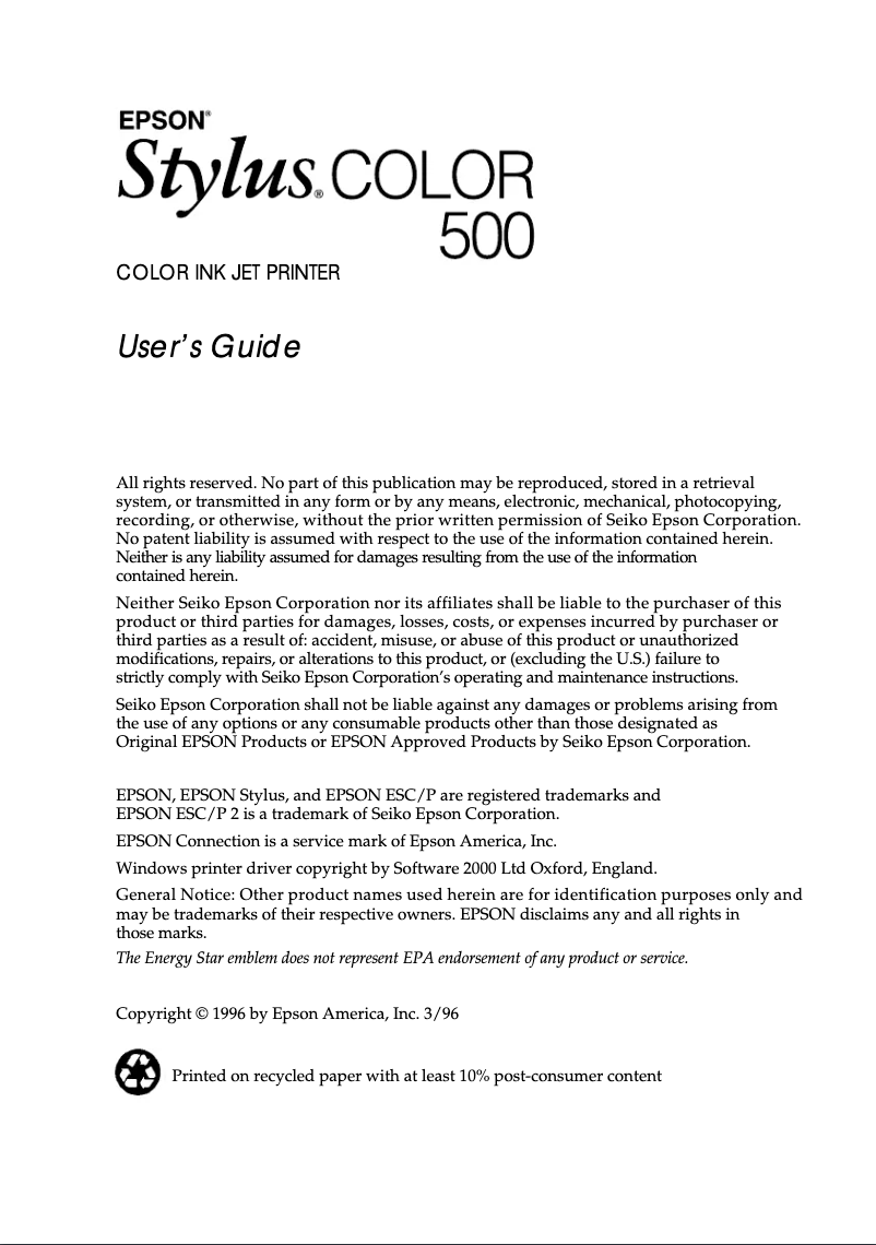 Image de la première page du manuel de l'appareil Stylus Color 500