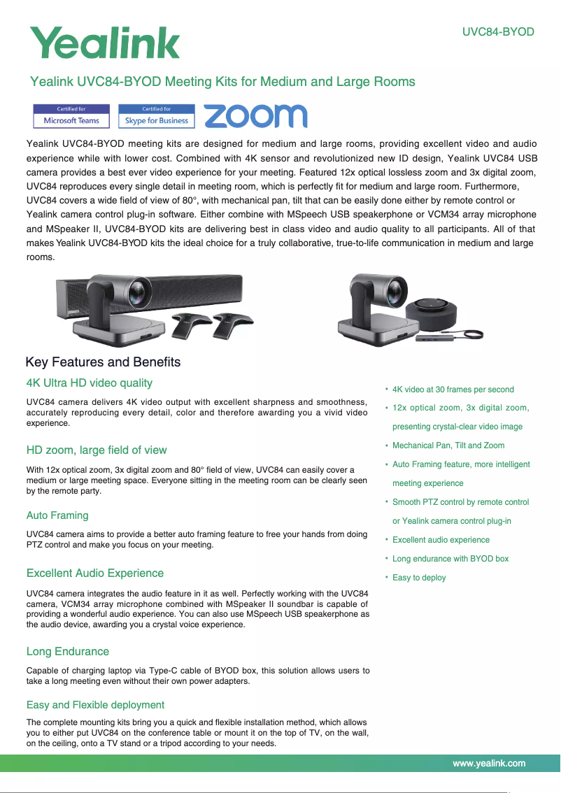 Page 1 de la notice Fiche technique Yealink UVC84