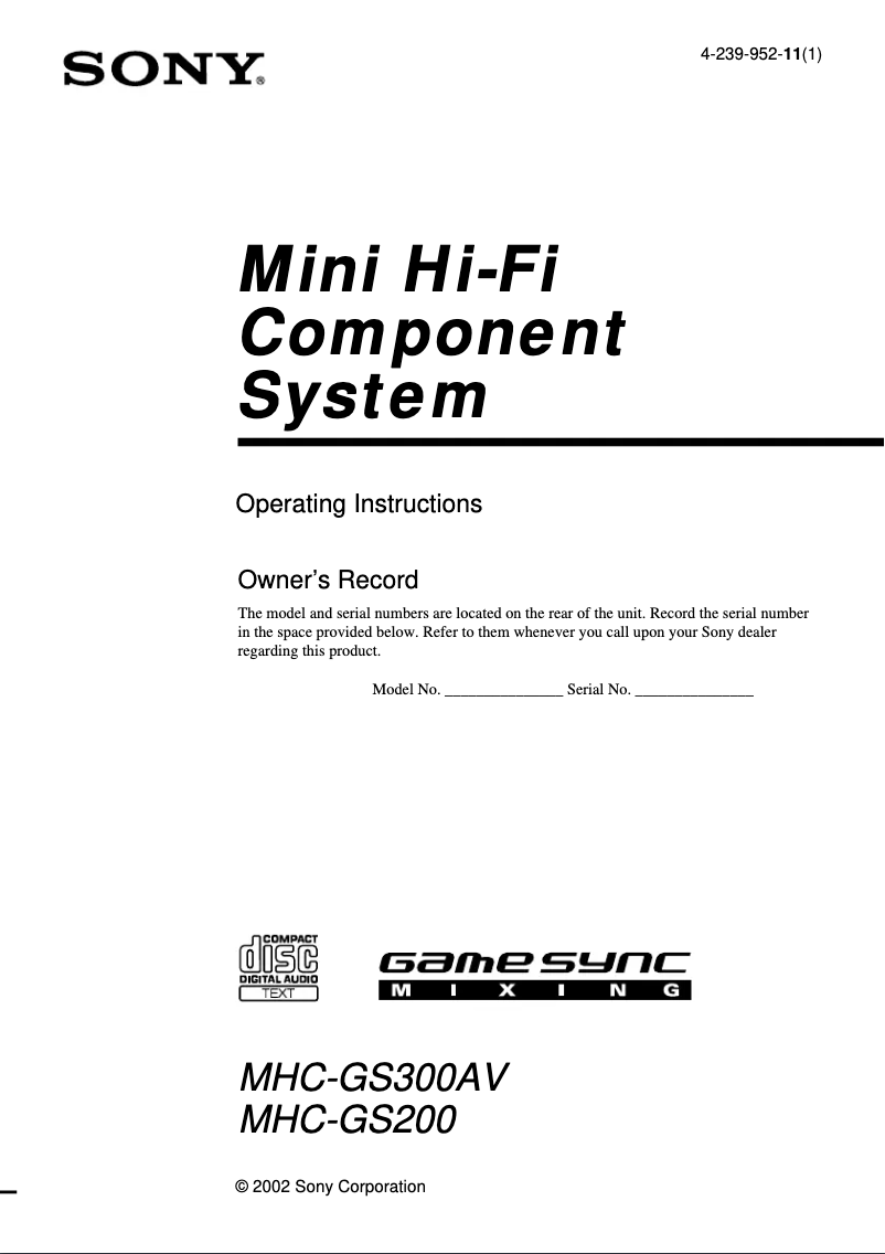 Page 1 de la notice Manuel utilisateur Sony MHC-GS200