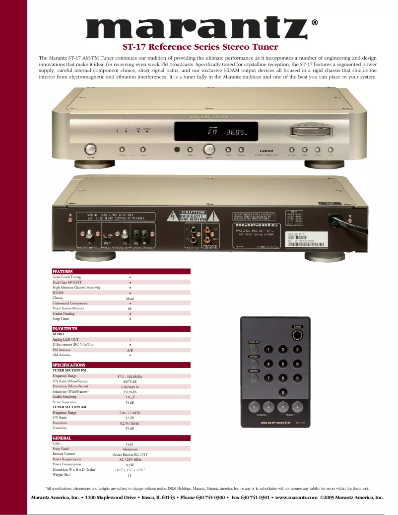 Page 1 de la notice Fiche technique Marantz ST-17