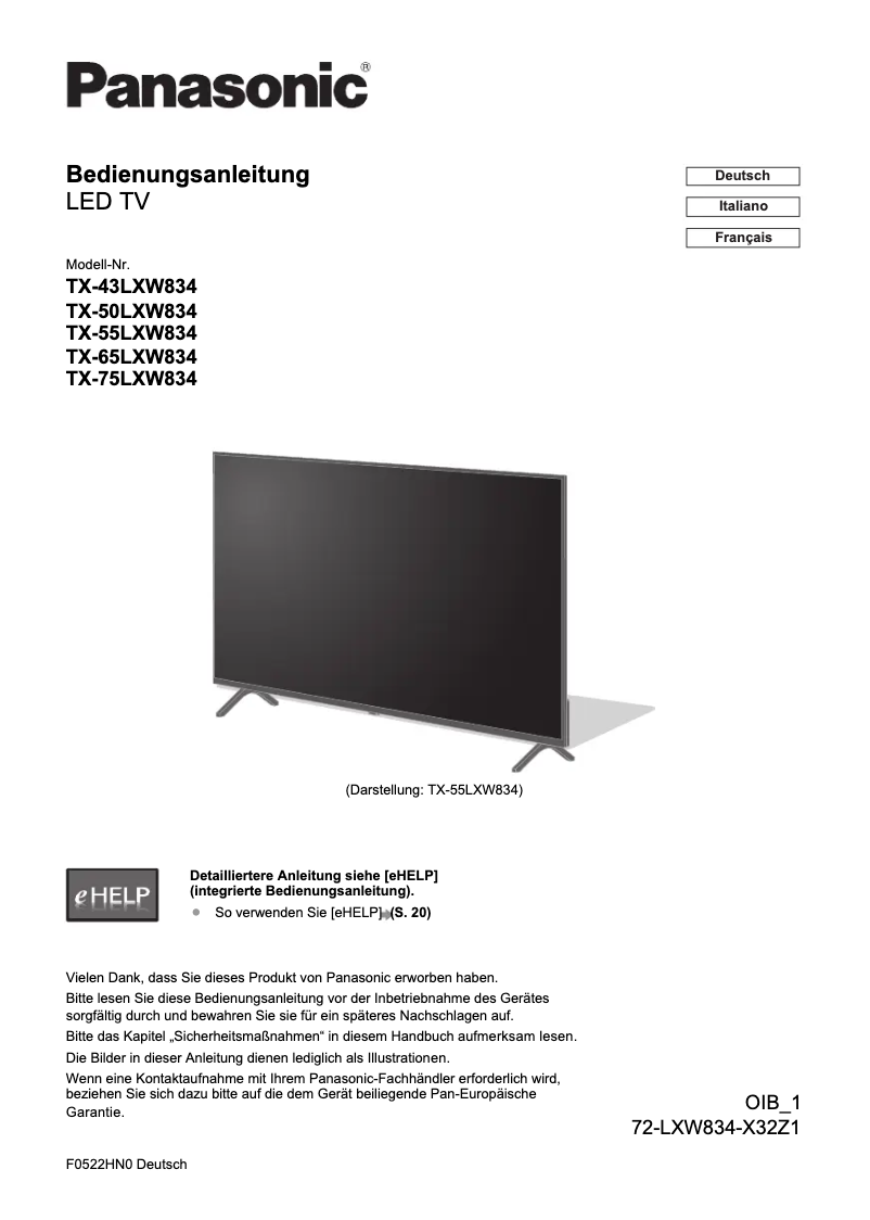 Page 1 de la notice Guide de démarrage rapide Panasonic TX-65LXW834