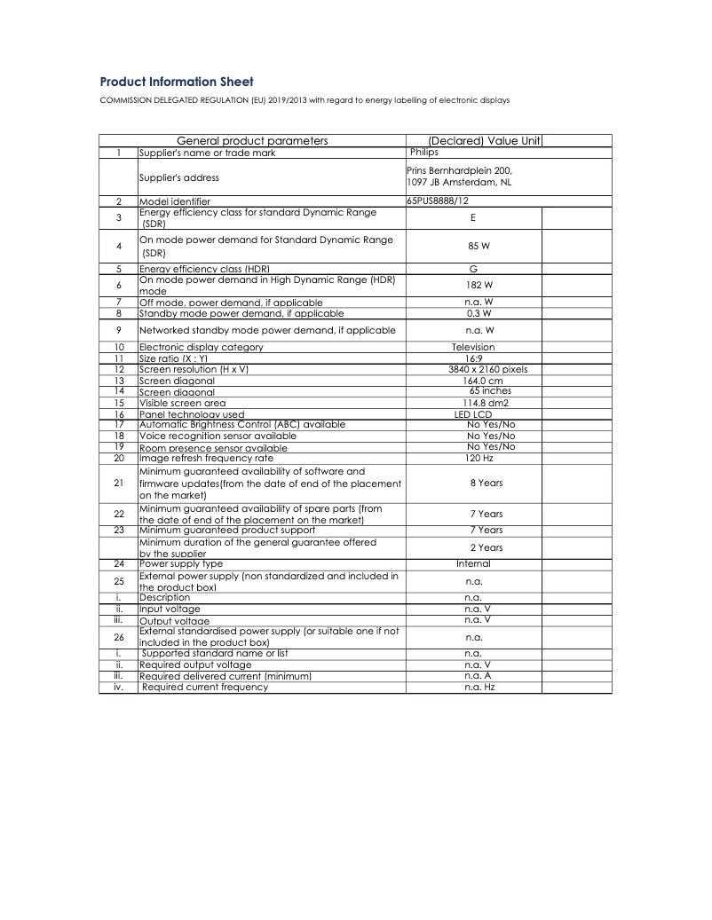Page 1 of the manual Technical Sheet Philips The One 65PUS8888