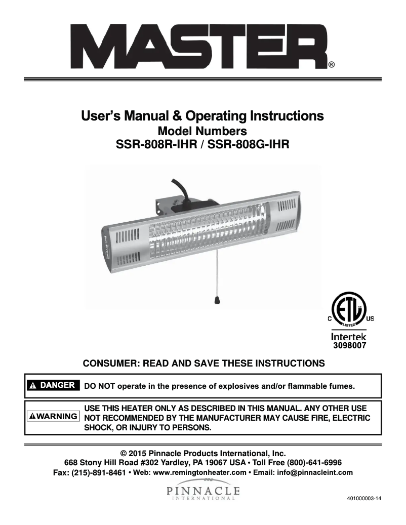Page 1 de la notice Manuel utilisateur Master SSR-808R-IHR