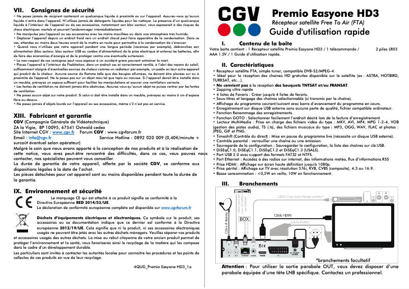 Page 1 de la notice Manuel utilisateur CGV Premio Easyone HD3