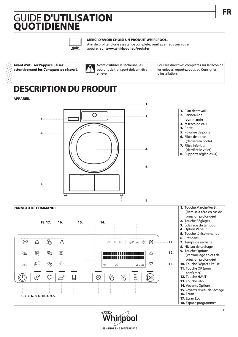 Page 1 de la notice Manuel utilisateur Whirlpool HSCX 10441