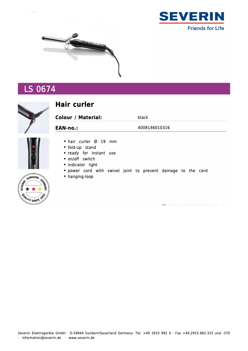 Page 1 de la notice Fiche technique Severin LS 0674